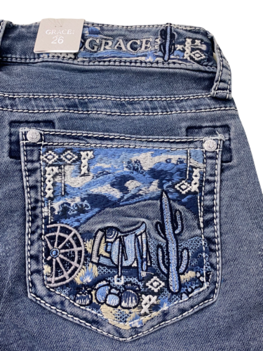 Grace in LA Women's Western Cactus Embroidered Stretch Denim Jean Shorts