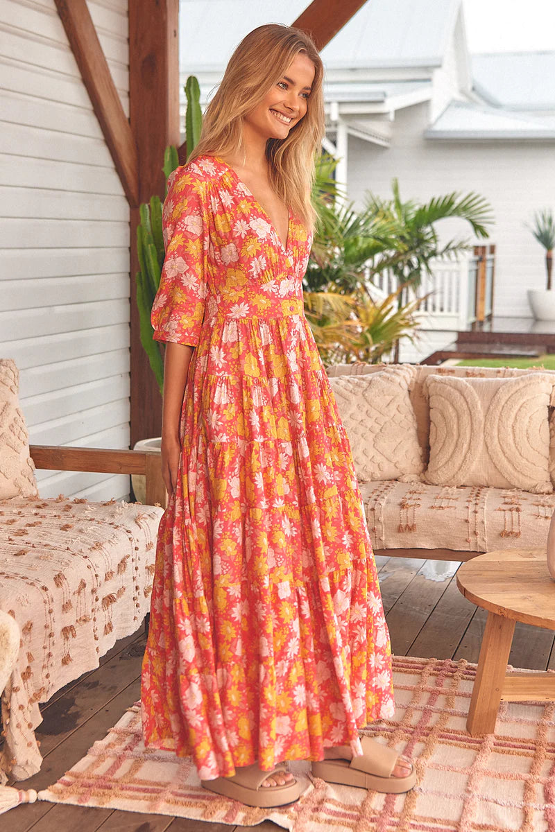 Follow The Sun Print Berry Maxi Dress - Jaase